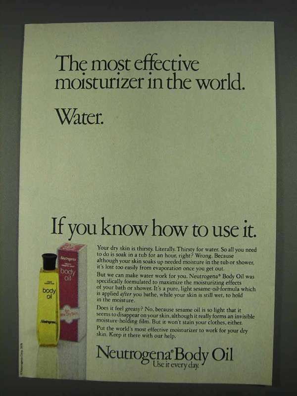 1978 Neutrogena Body Oil Ad for Deep Hydration & Glowing Skin
