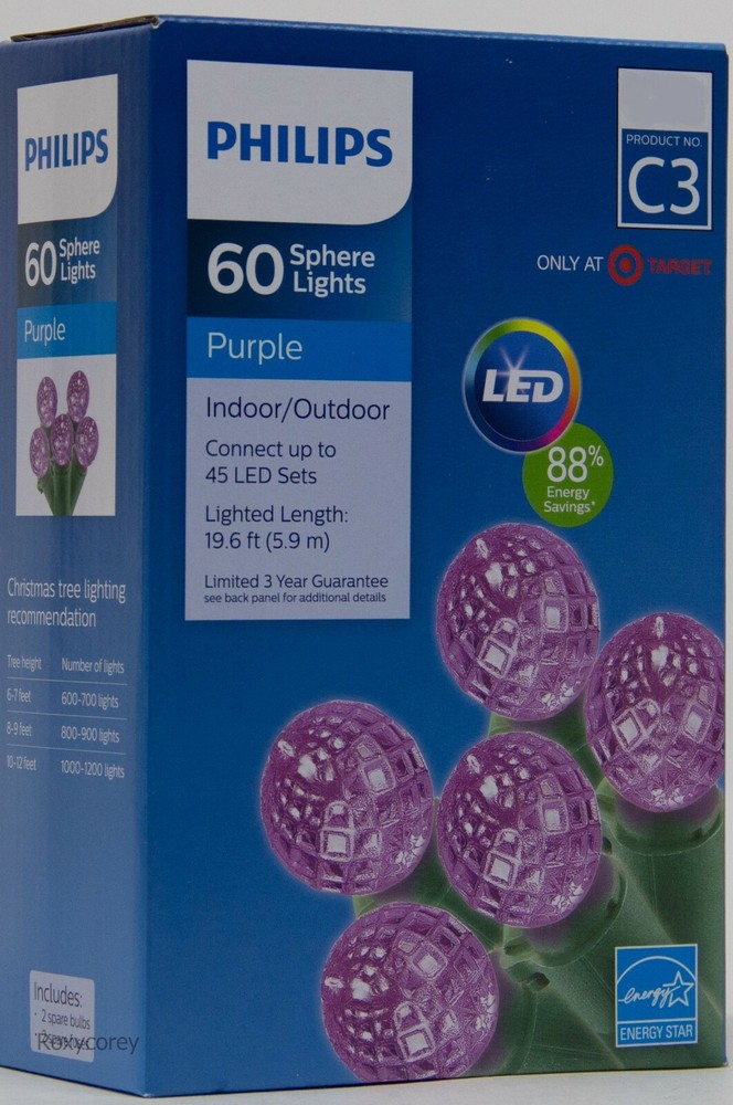 Philips LED 60 Purple Sphere Lights Bulbs Green Wire 19 ft Lighted Length