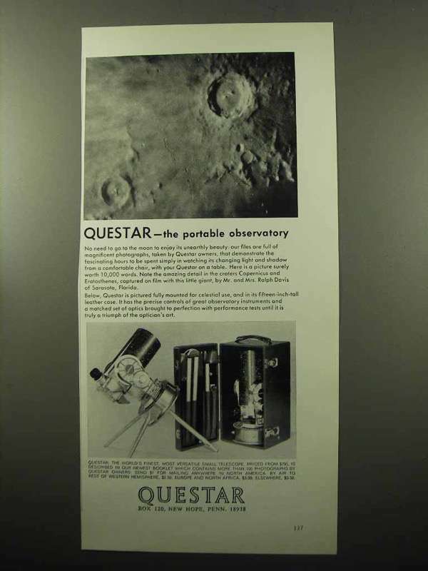 1969 Questar Telescope Ad - Portable Observatory