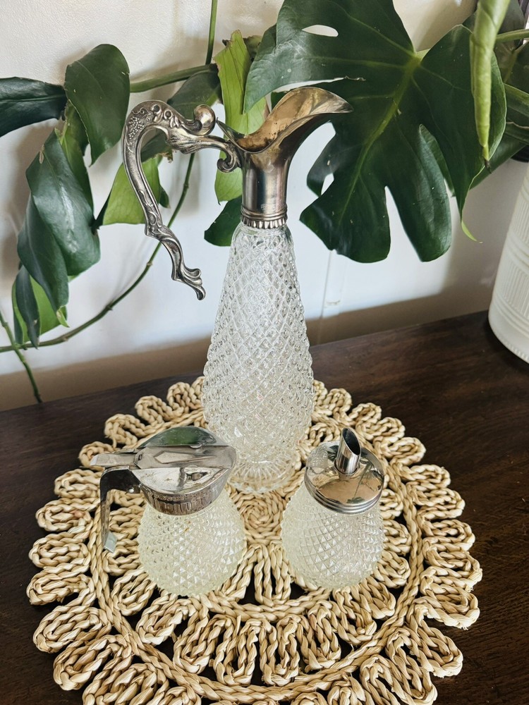 Vintage 60’s Leonard Crystal Silver Wine Decanter /Syrup And Sugar Dispenser