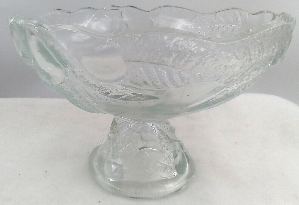 Teleflora Pedestal Glass Bowl Crystal Round Fruit Pear Leaf France 1985 Vintage