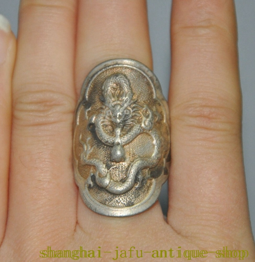 old China dynasty Tibetan silver Ancient dragon loong amulet Ring statue