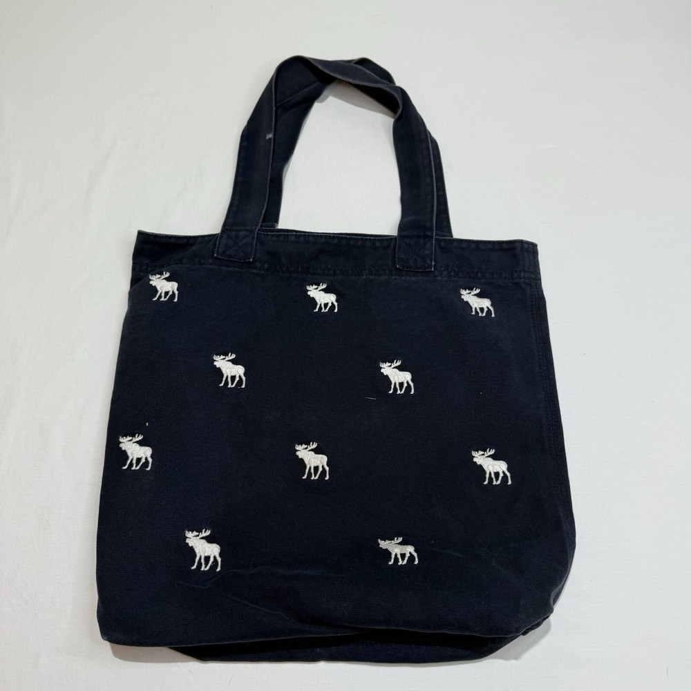 Abercrombie Kids Navy Blue Embroidered Moose Logo Canvas Shoulder Tote Bag Y2K-image