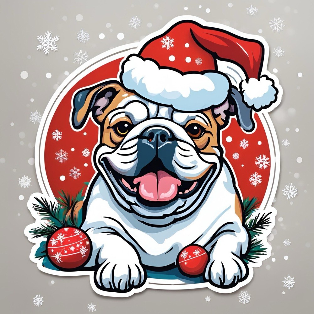 3x2.6” Cute Bull Dog Christmas Theme AMAZING STICKER! On Sale!