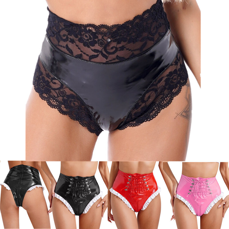 Womens Sexy Patent Leather Panties Maid Knicker Lingerie Thongs High Rise Briefs