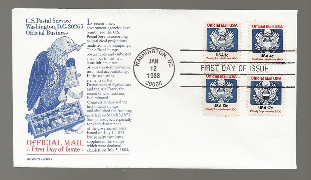 US Scott #O127-30, First Day Cover 1/12/83 Washington Singles Official