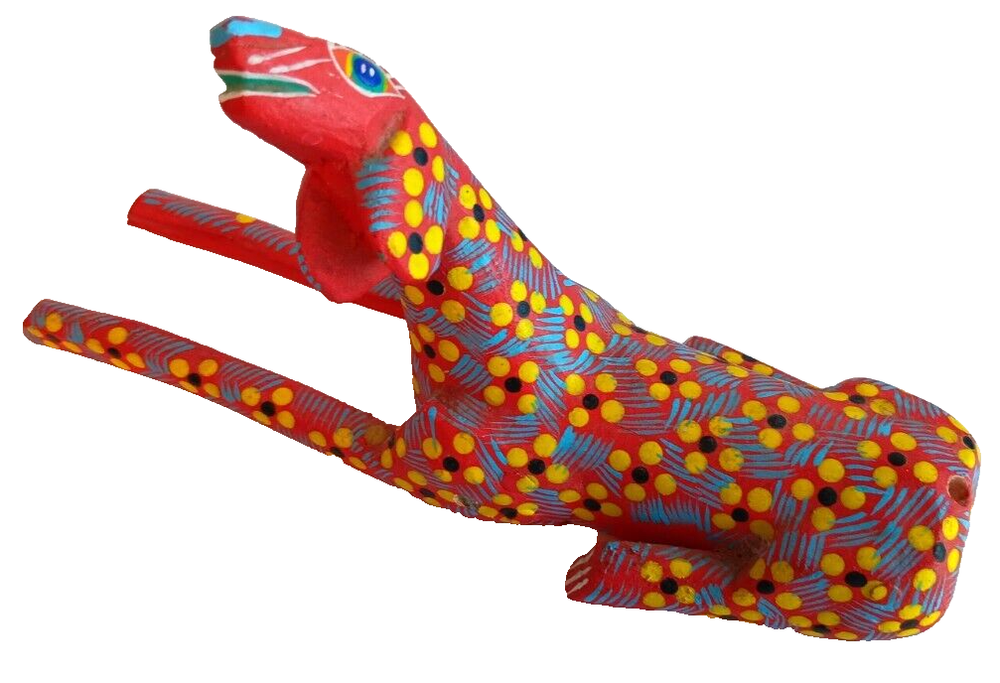 Mexican Folk Art Wood Dog, Coyote Carving, Signed Rafael Mendoza Oaxaca, Flower