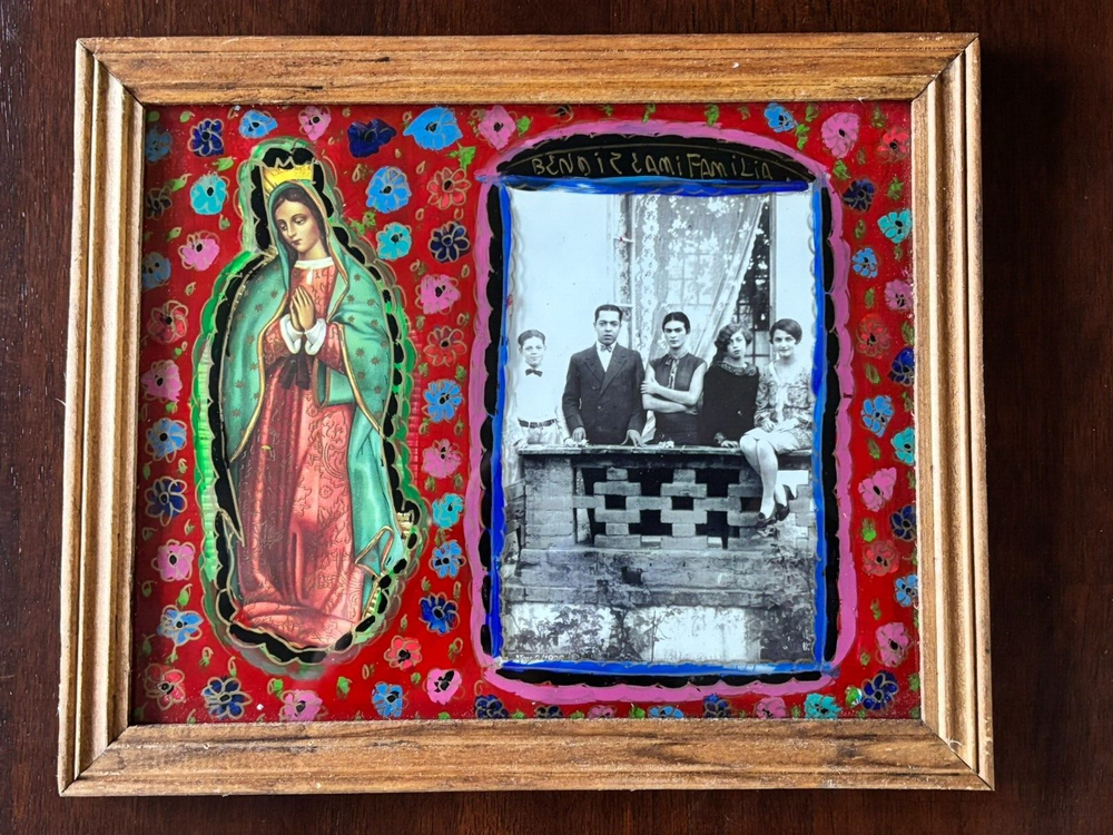 Frida Kahlo Folk Art - Reverse glass painting and collage by Manuel Bauman