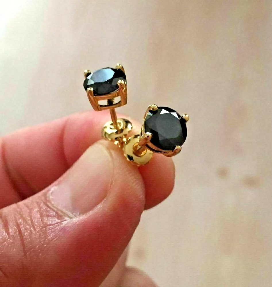 2Ct Lab-Created Round Onyx Solitaire Fancy 14K Yellow Gold Stud Earrings