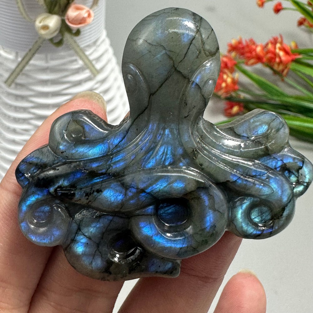 Labradorite Octopus Carved Quartz Crystal Skull for Reiki Healing