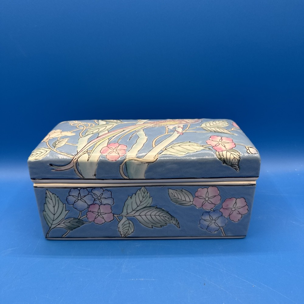Hand-Painted Porcelain Blue Trinket Box with Bird of Paradise