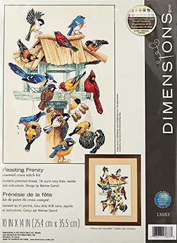 'Feasting Frenzy' Birds Counted Cross Stitch Kit, 18 Count Ivory Aida, 10'' x...