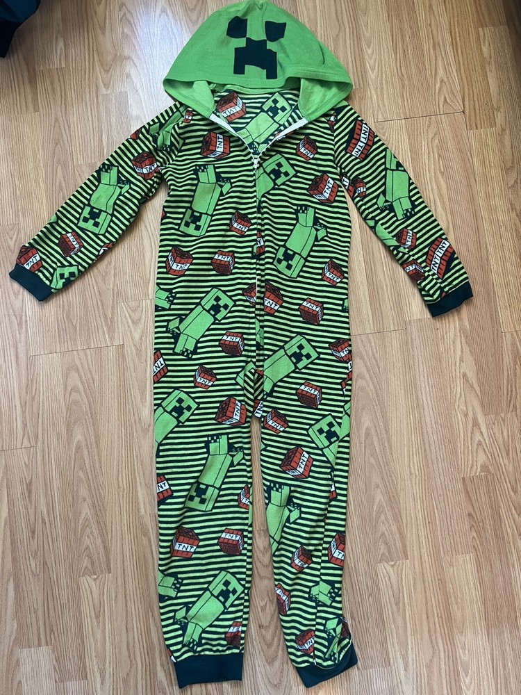 NWOT Minecraft One Piece Pajama Creeper Hoodie Union Suit Boy Girl Size L 12/14