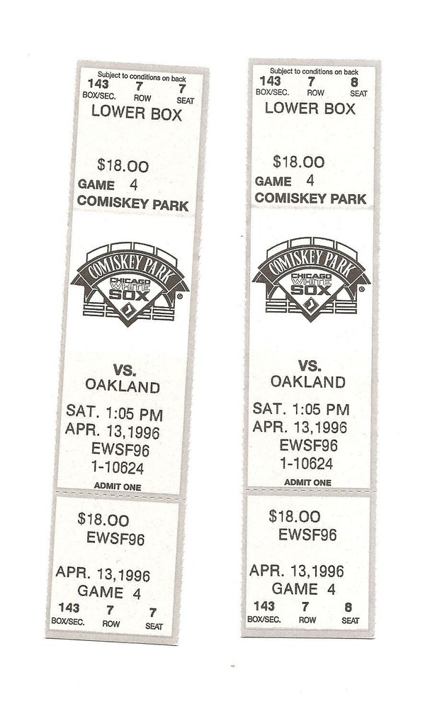 Chicago White Sox vs Oakland A's unused Baseball Tickets from 4/13/1996