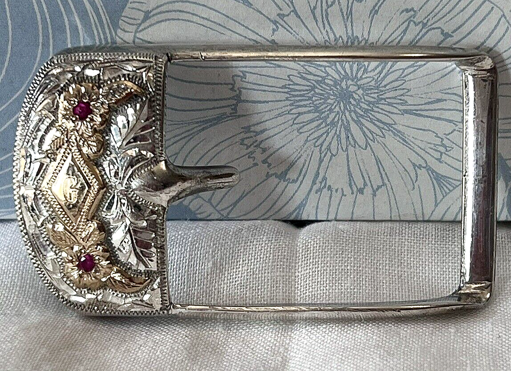 Antique Sterling Silver 10k Gold Rubies Hamley Co Flowers Belt Buckle Signed