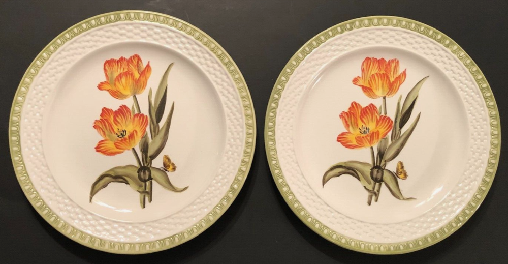 RAYMOND WAITES Set of 2 Hampton Garden White Orange Flower Dinner Plates 10.5