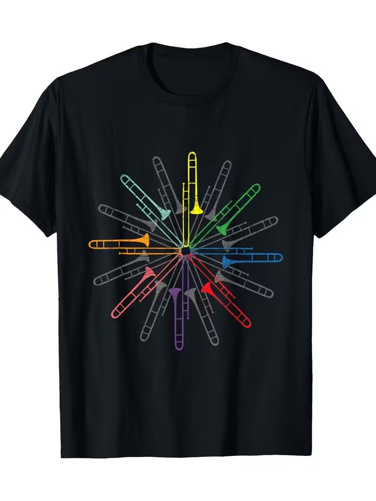 Camiseta Gráfica Trombón Jazz Para Hombre - 100% Calce Informal Manga Corta Cuello Redondo con