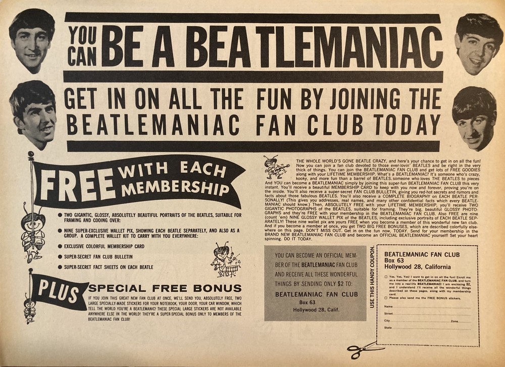 1964 Beatles Fan Club Ad with Original COA Featuring John Paul George Ringo-image