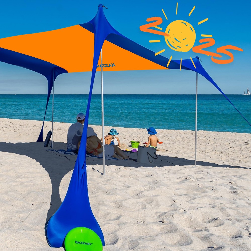 Beach Tent, UPF50+ 7.5x7 ft Sun Shade Canopy with Sandbags, 4 Stability Poles...