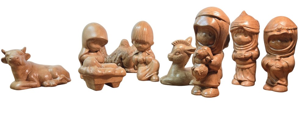 Ceramic Nativity Set 9 Piece Brown Glazed Christmas Figurines Mary Joseph Cute