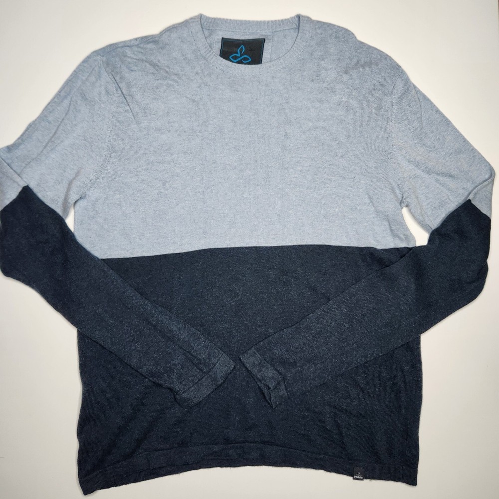 prAna Mens Sweater Large Blue Colorblock Crew Neck 100% Organic Cotton Retro