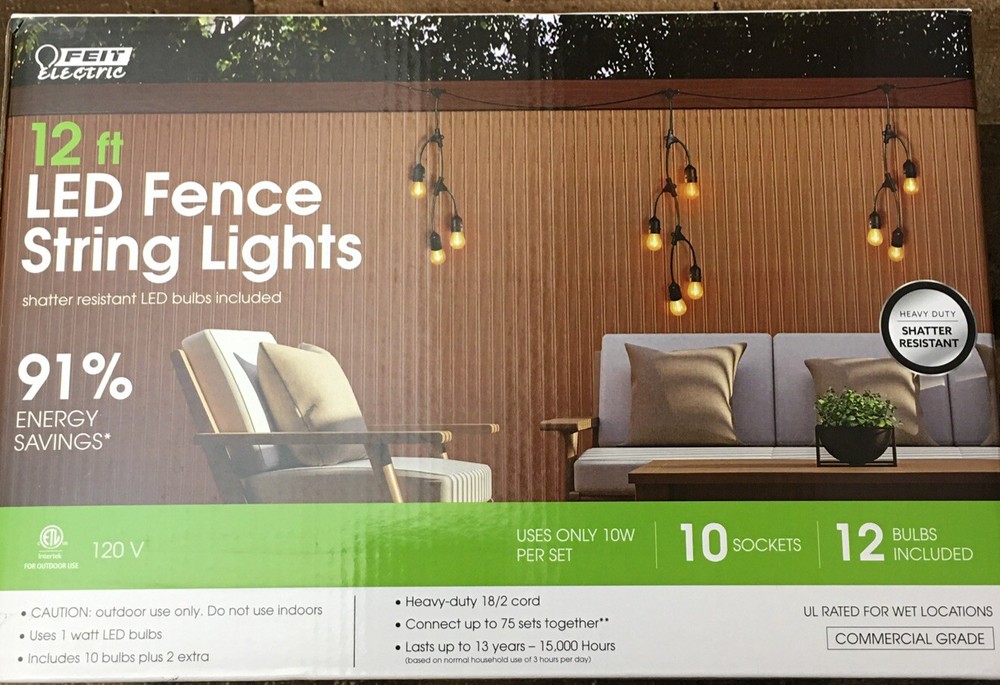 Feit Electric 12-ft LED FENCE STRING LIGHTS - Linkable- In/Outdoor - Heavy Duty