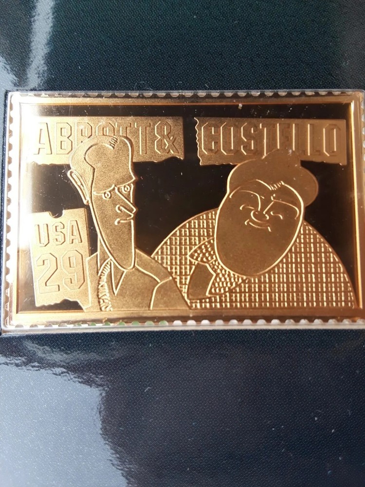Rare Abbott & Costello .999 Silver 24K Gold Layered Ingot USPS Stamp Replica  -image