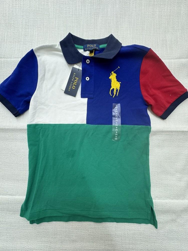 New Polo Ralph Lauren Boys Polo Shirt S-8 Big Pony Color Block Mesh