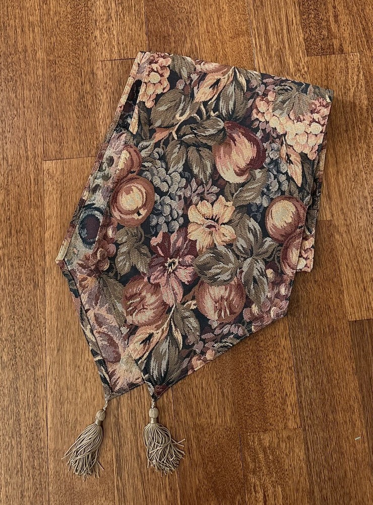 Vtg Tapestry Harvest Vegetables & Fruits Table Runner Tassels Woven 70