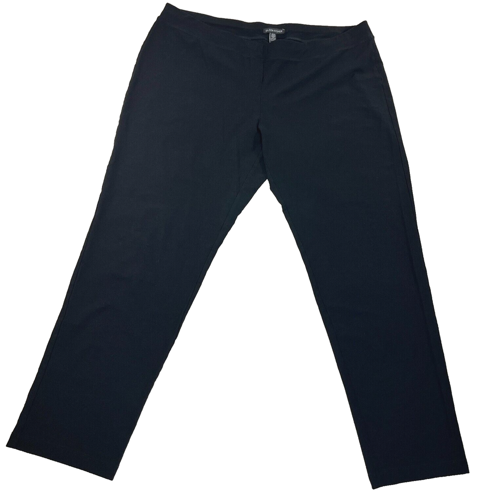 Eileen Fisher Black Pants System Stretch Washable Crepe Straight Pant Pull On LG