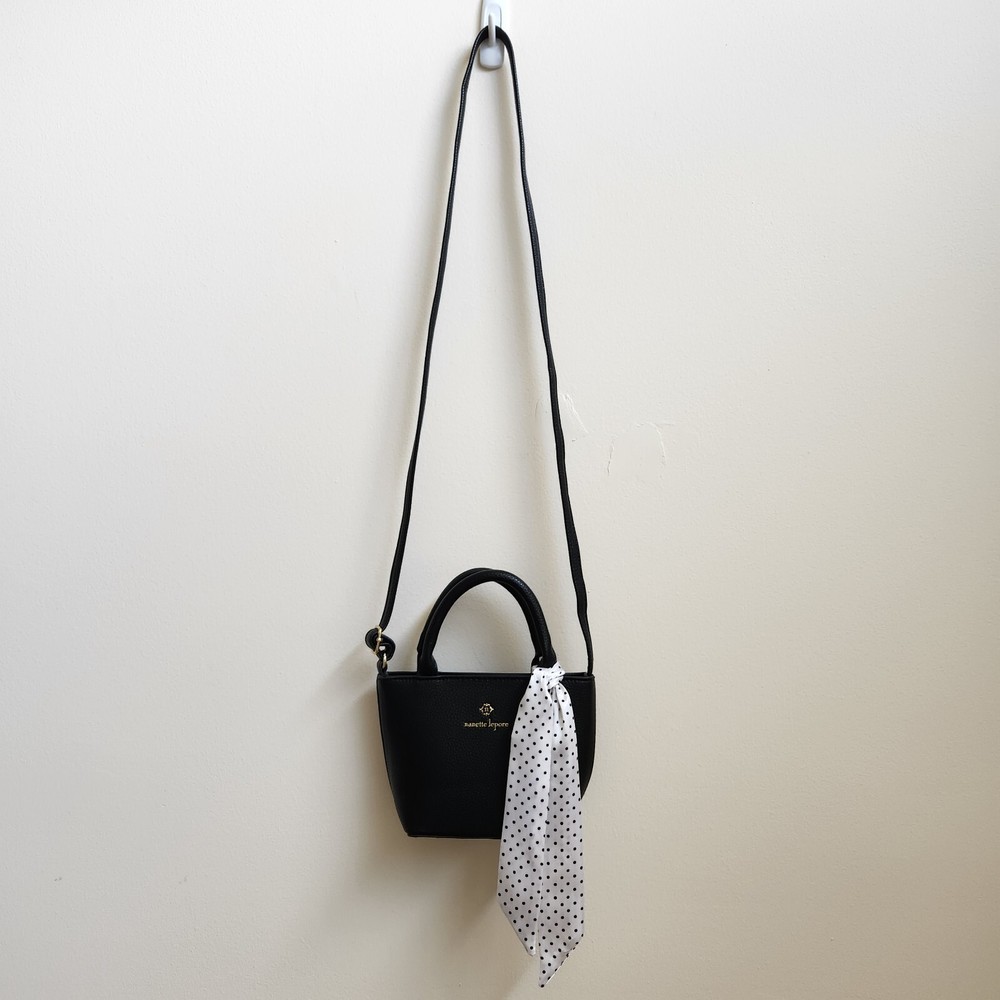 Nanette Lepore Black Vegan Leather Adjustable Crossbody Bag Mini Tote Scarf