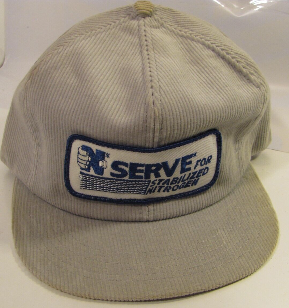 K-Products N Serve Hat Vintage Gray Corduroy Nitrogen Farmer Cap Patch Logo Snap