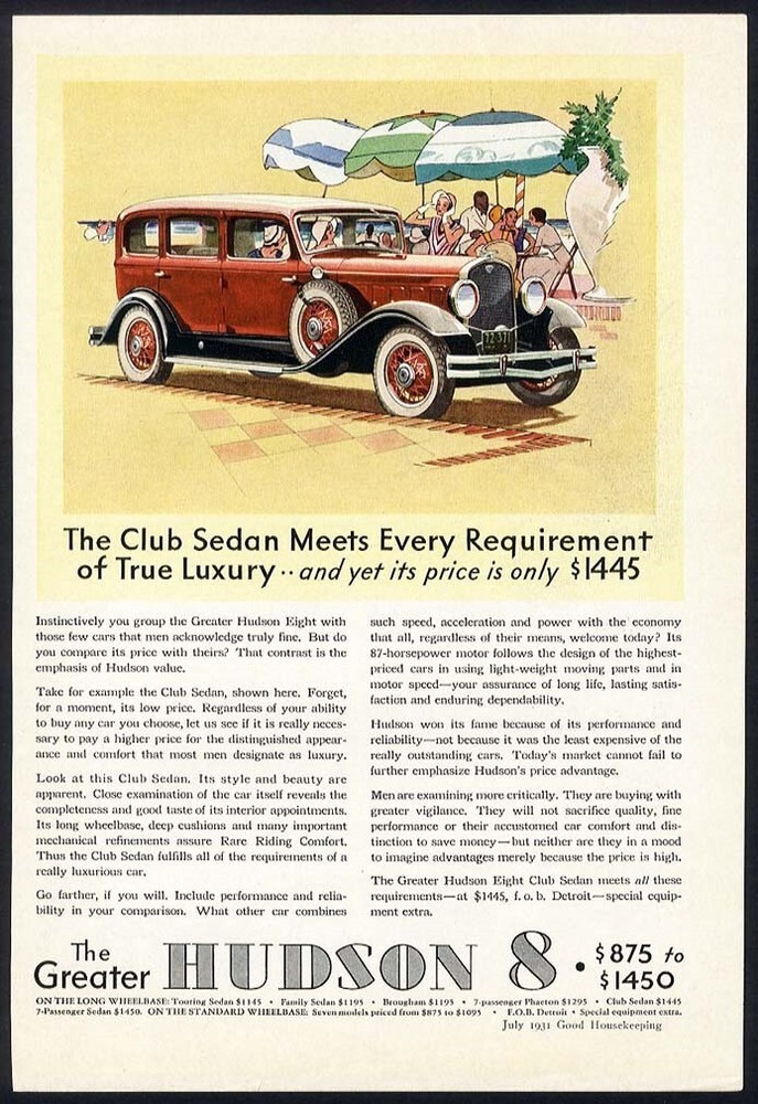 HUDSON 8 1931 Auto Car Ad Red CLUB SEDAN 4 Door Luxury-image