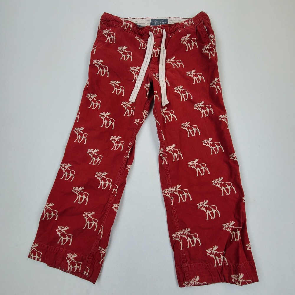 Vintage Abercrombie & Fitch Men Size S Moose Pajama Lounge Heavyweight Pants Red-image