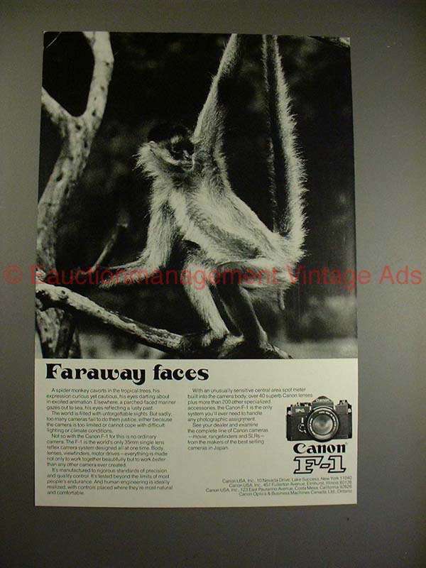1974 Canon F-1 F1 Camera Vintage Ad Featuring Monkey and Faraway Faces Retro Photography Gear