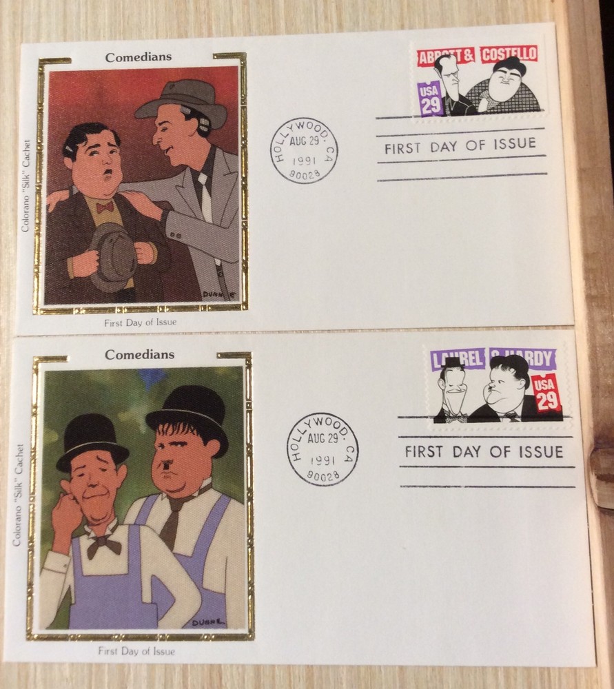 LAUREL & HARDY COMEDIANS FDC COLORANO SILK CACHET COVER Abbott & Costello SET 4-image