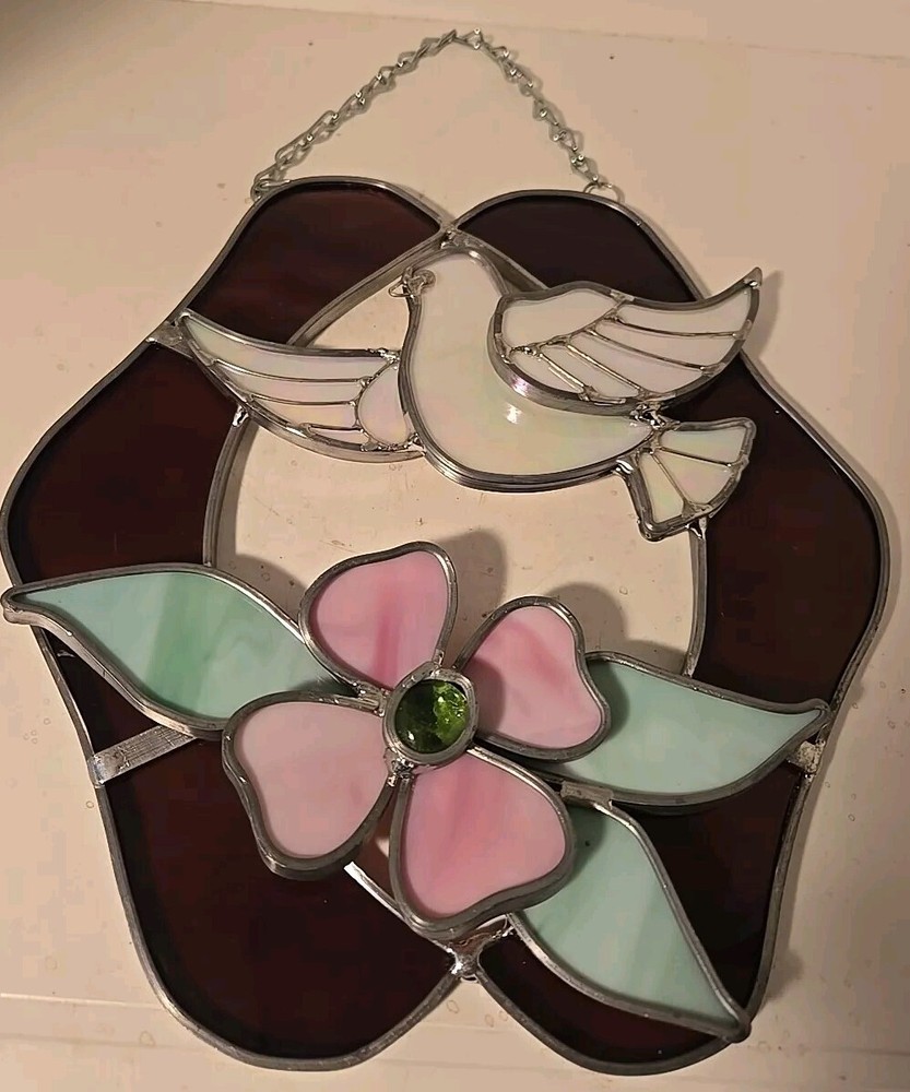 Stained Glass Sun Catcher Flower Dove Design 11x8 Inches
