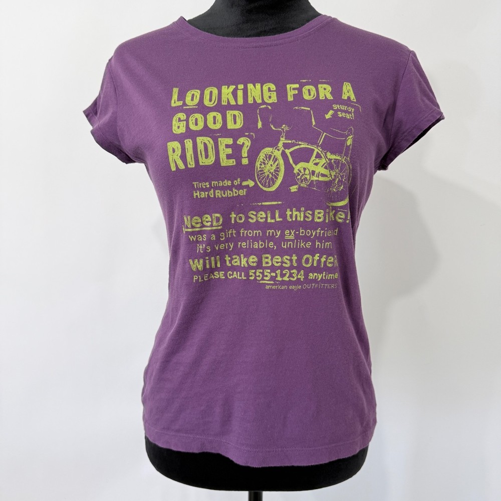 American Eagle Y2K Graphic Tee Womens L Purple Fitted Funny Bike Quote