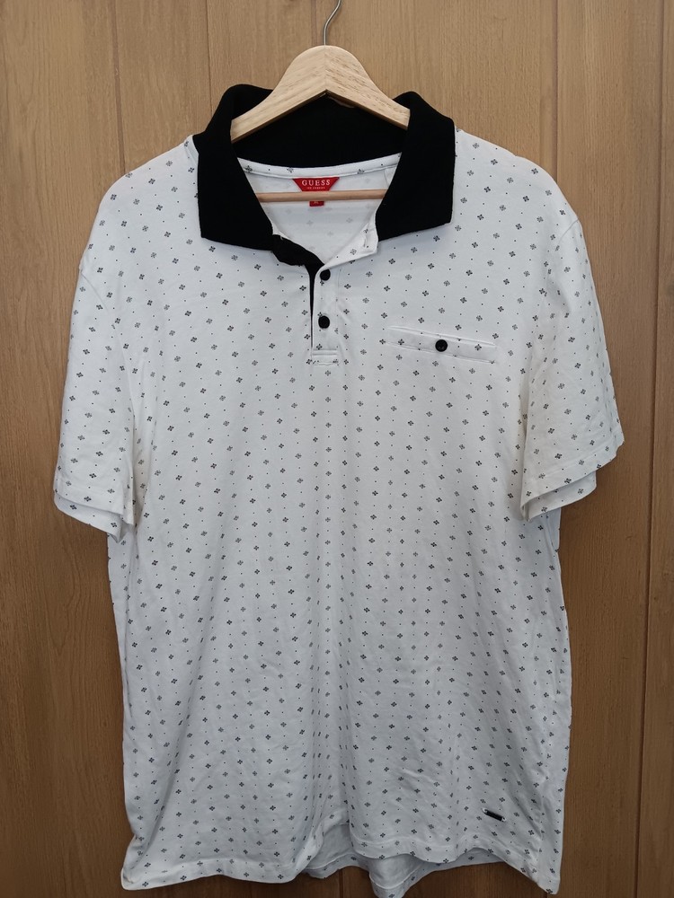 GUESS Los Angeles Men's Polo Shirt Size XL White Black Collar Stretch Mini Print