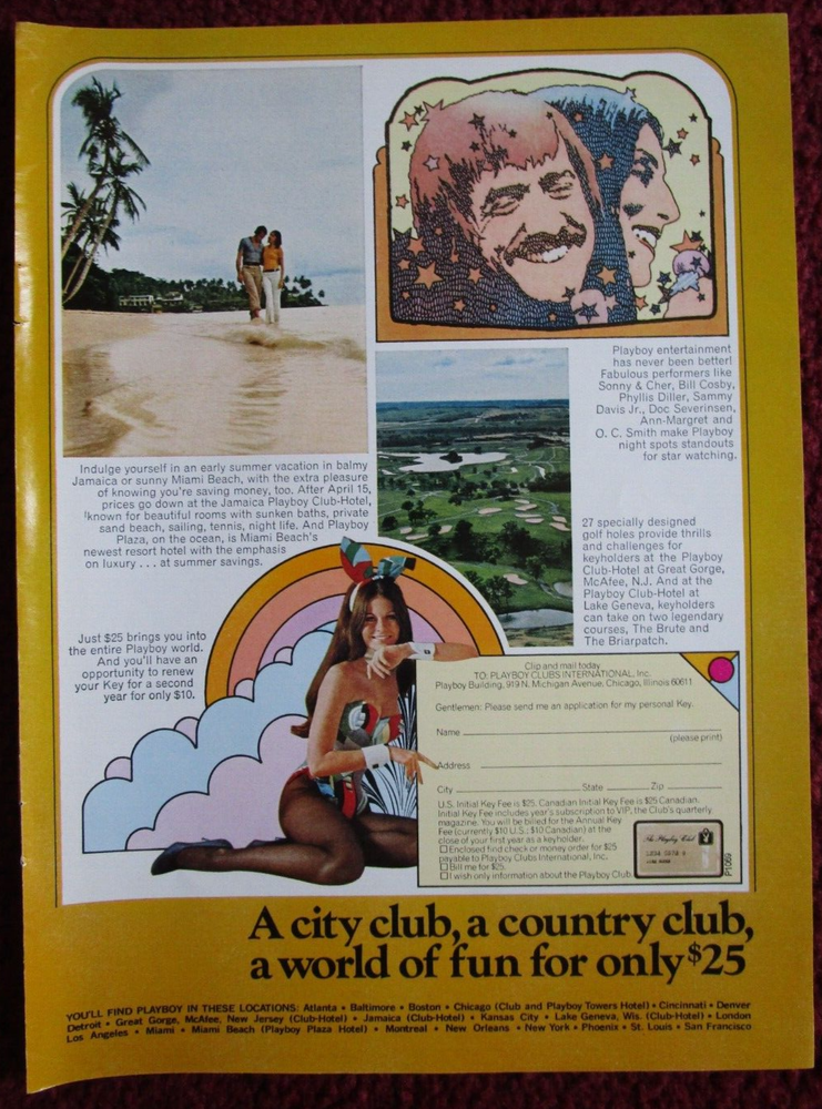 1972 PLAYBOY CLUB Hotel Resort Print Ad ~ Sonny & Cher BONO, Sexy Girl Bunny-image