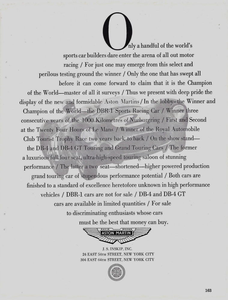 1960 Aston MartinDBR-1 Sports Racing Car Nurburgring Le Mans VINTAGE PRINT AD