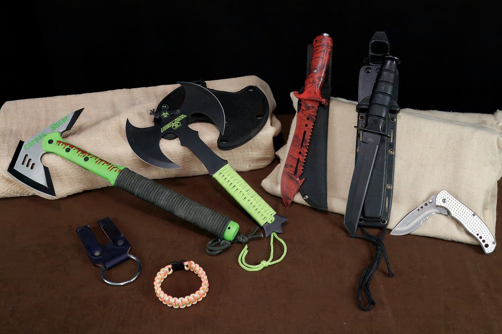 Tactical Fixed Blade Knife Set with EDC Folding Knife and Survival Axe Collection