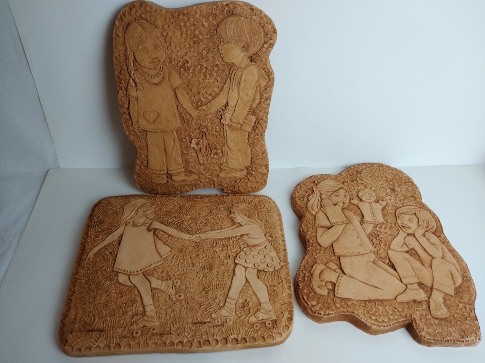 Abbey Press 1976 St Meinrad Wall Hanging Carved Plaques (3) ~ Children Playing-image