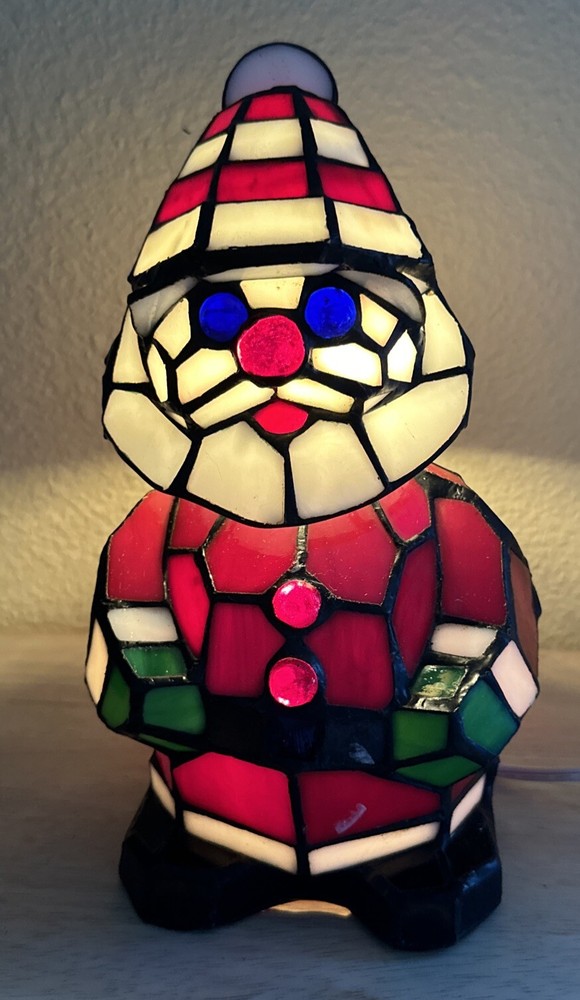 Tiffany Style Stained Glass Bobble Head Santa Table Lamp Working, Christmas Lamp