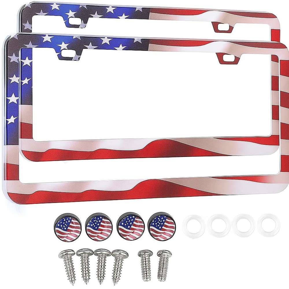American Flag License Plate Frames - 2 Pack Stainless Steel USA License...
