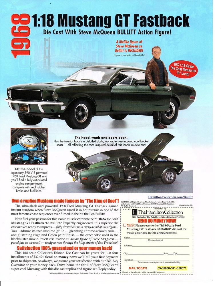1968 FORD MUSTANG GT 390 BULLITT / STEVE MCQUEEN ~ NICE DIECAST CAR AD