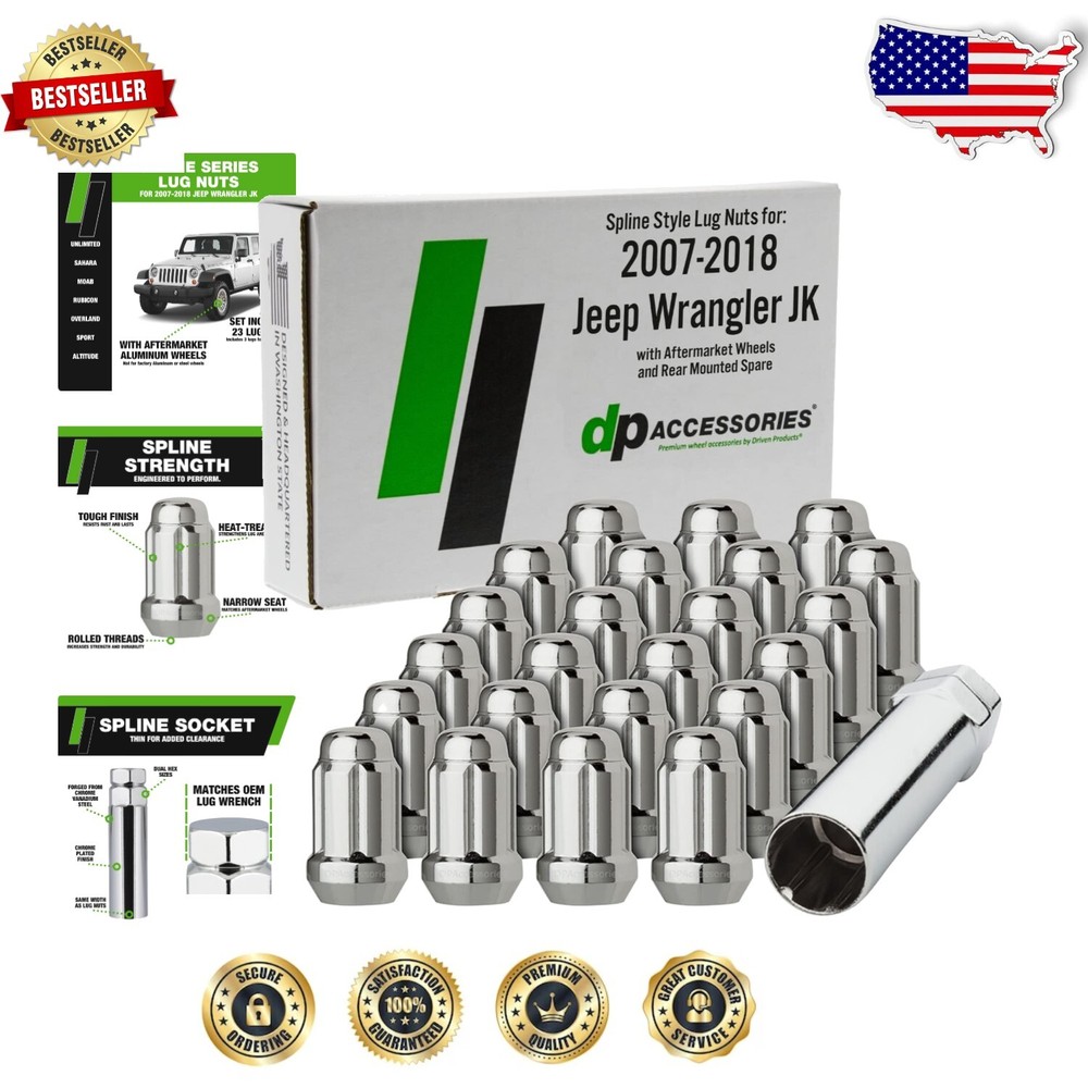 Precision-Machined Chrome Lug Nut Set with Tool for 2007-2018 Jeep Wrangler JK