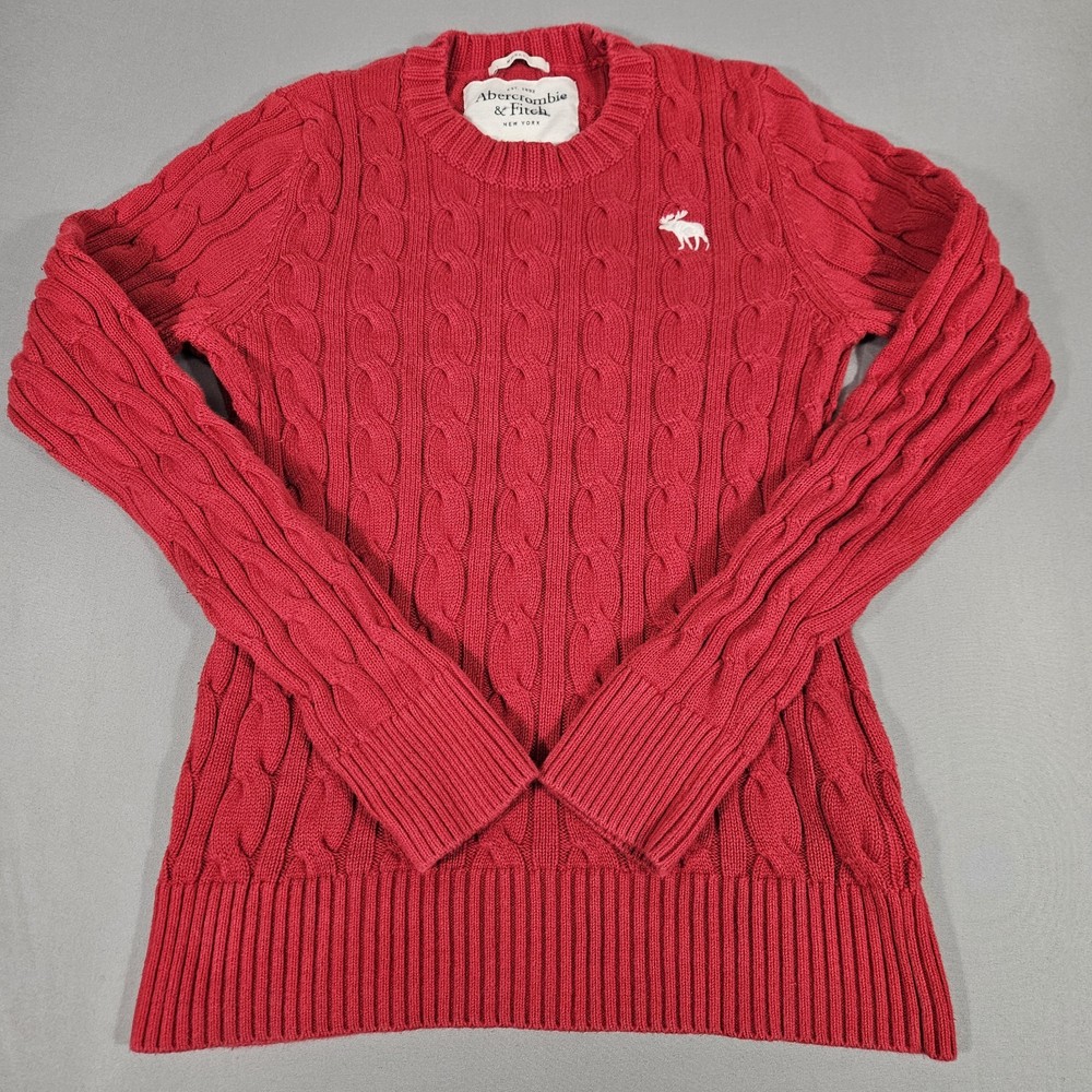 Abercrombie & Fitch Men’s Red Cable Knit Sweater Medium Muscle Fit Logo Moose-image