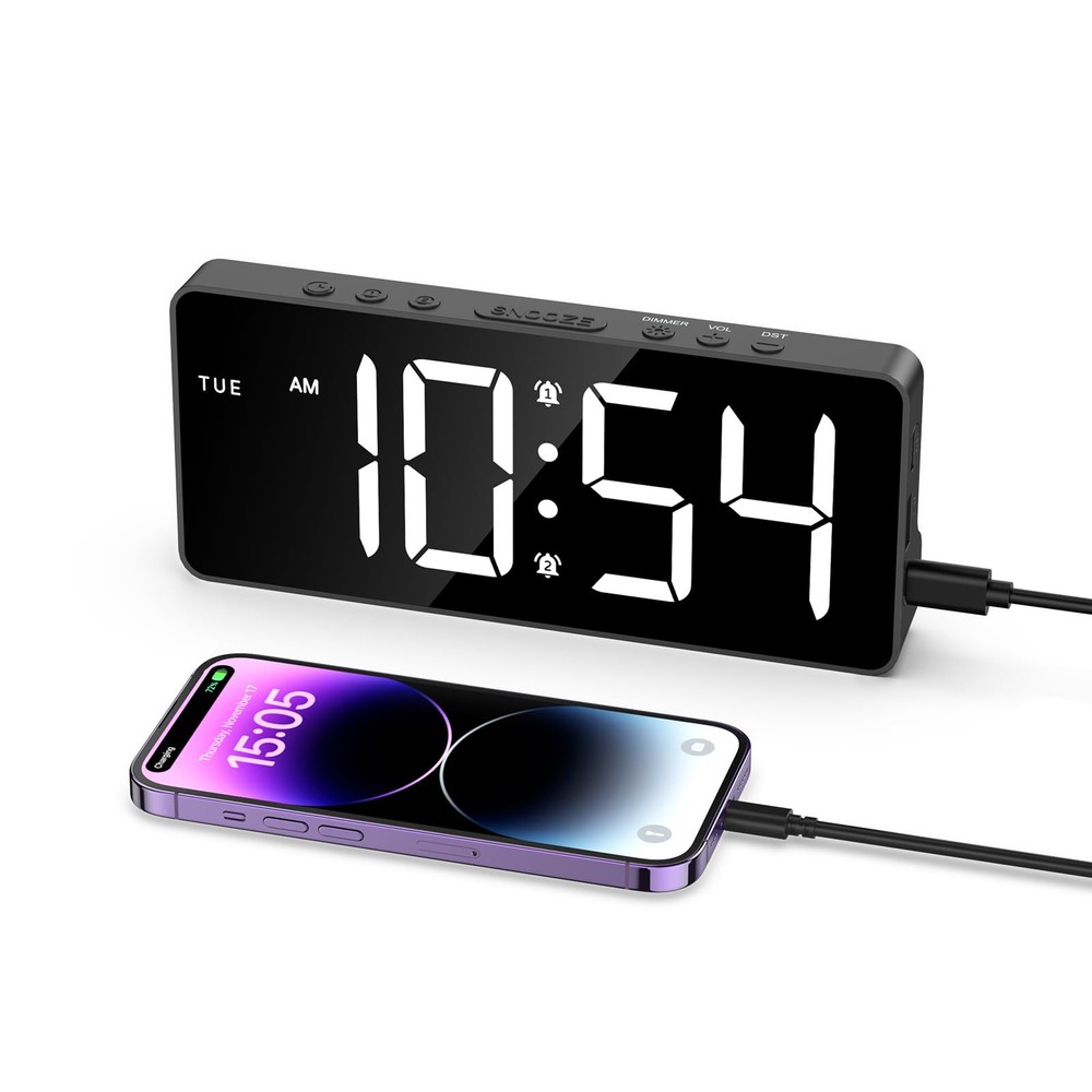 7'' Rechargeable Digital LED Desk Alarm Clock with Adjustable Brightness Volume