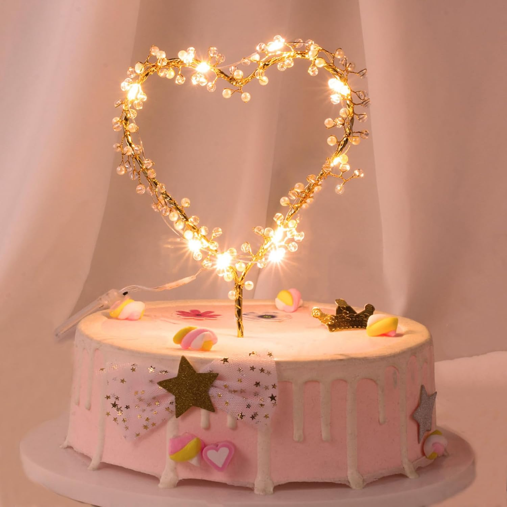 Topper de árbol de San Valentín Love Heart Pearl Cake Toppers con luz LED para Val